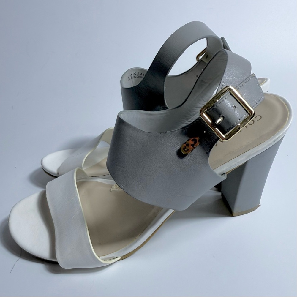 Cole Hann 7.5 heels strappy sandals grey and white block heel ankle strap womens